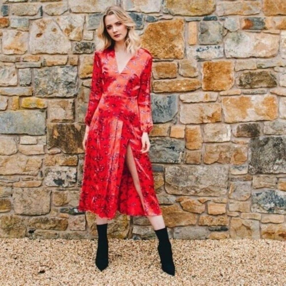 Topshop Red Floral Satin Open Keyhole Back Pleated High Slit‎ Midi Dress 6US